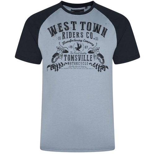 KAM Raglan West Town Print T-Shirt Dusty Blue